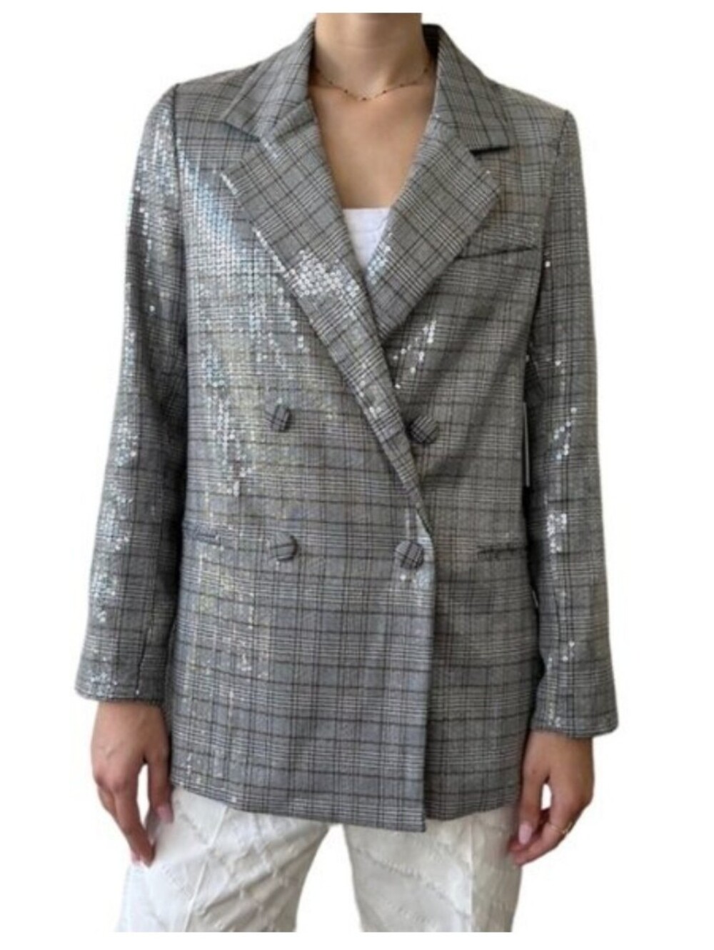 Jason Wu Silver Gray Plaid Sequin Double-Breasted Blazer Jacket M TARTAN Y2K